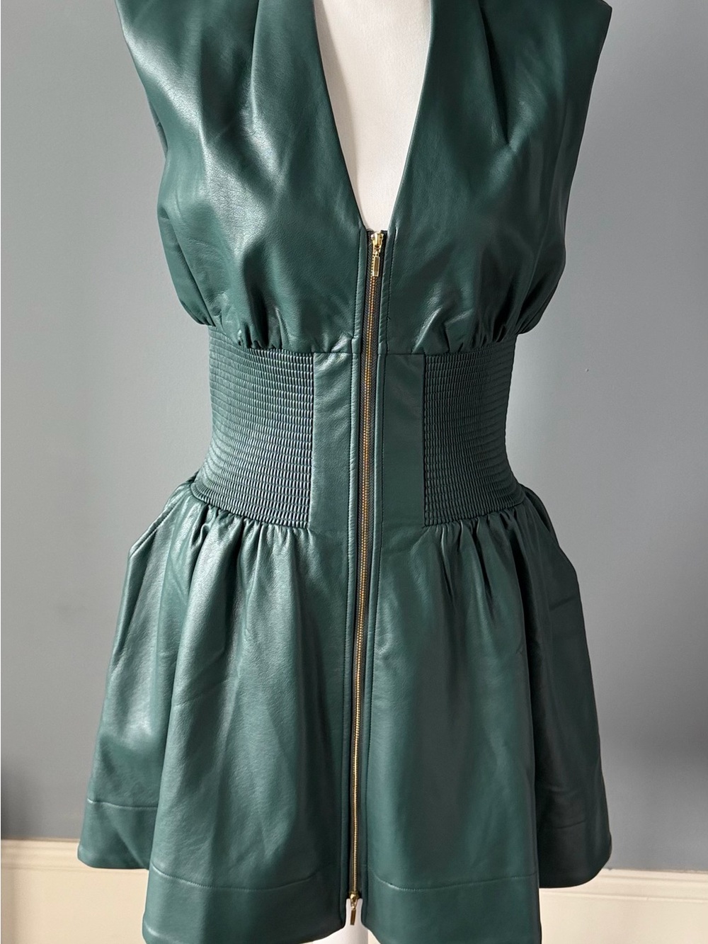 Anthropologie Dark Green Faux Leather Zip Front Mini Dress